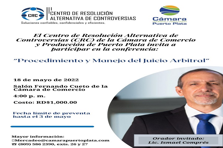 CRC de la Cámara de Comercio de Puerto Plata realizará conferencia sobre Procedimiento y Manejo del Juicio Arbitral